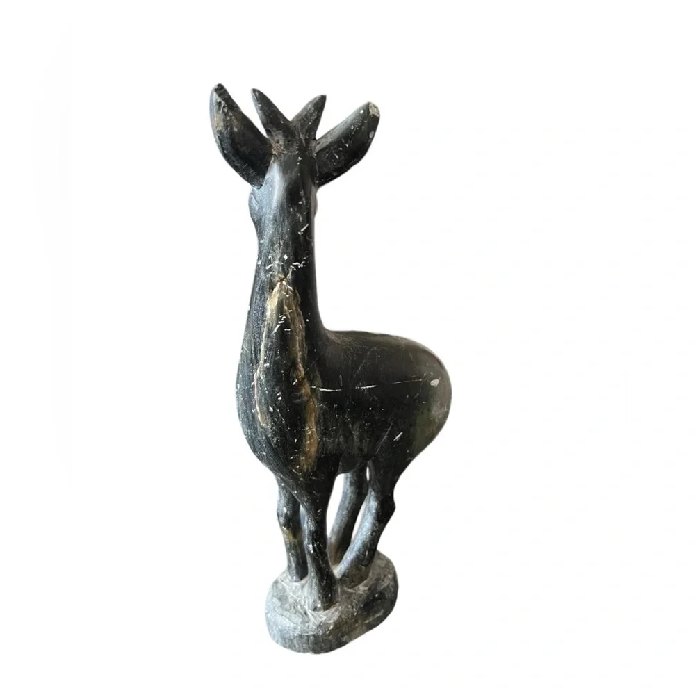 hand carved black stone figurine deer vintage 6.5 Inches tall *Small Chip* - Picture 6 of 8